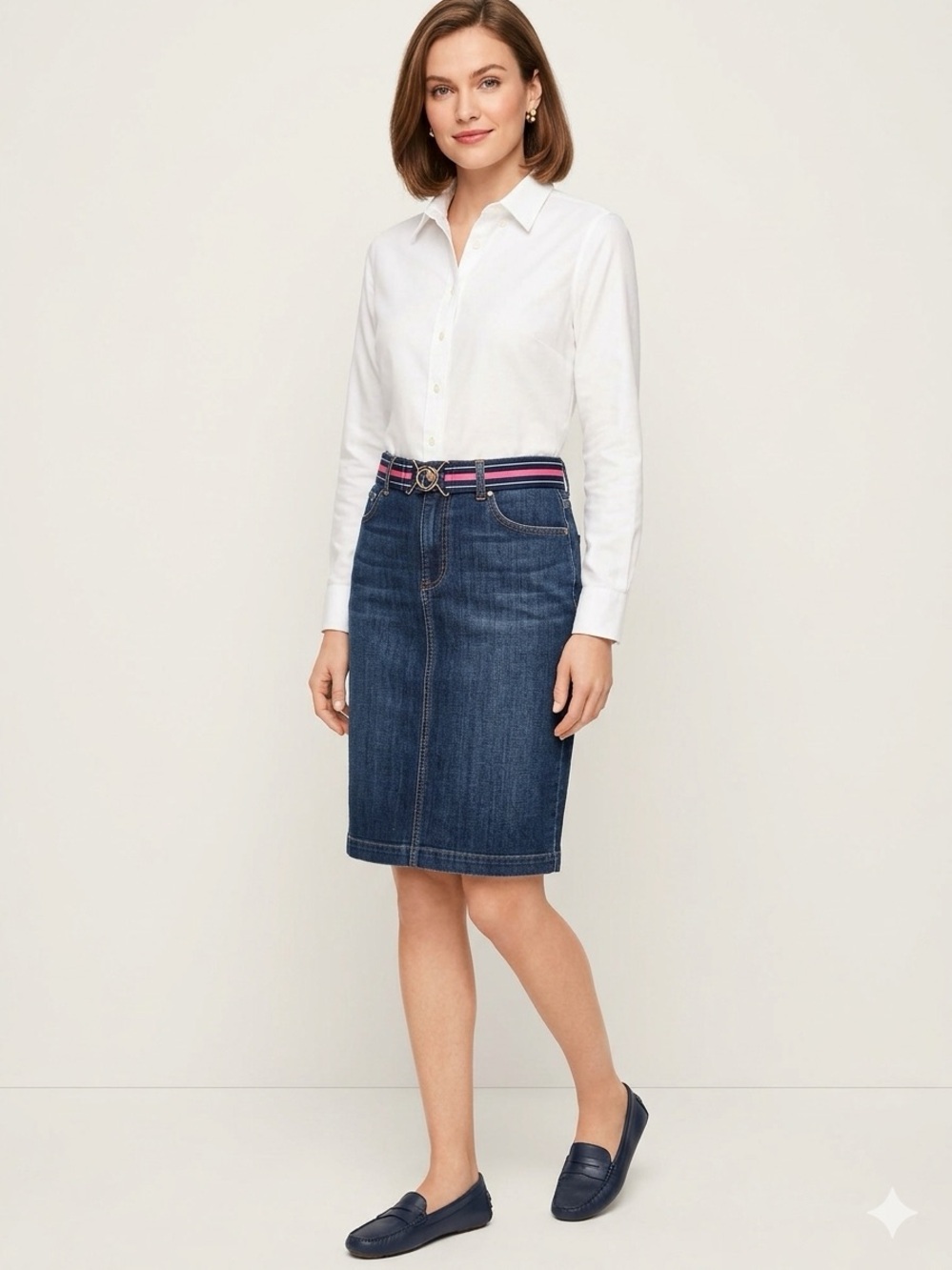 Talbots Denim Skirt Size 4 Pink Striped Belted Knee Length Dark Wash Preppy